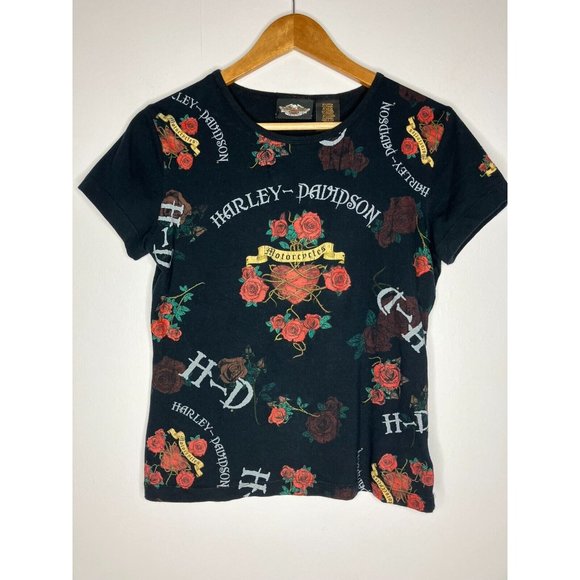 Vintage Harley Davidson Rose All Over Print Women's Medium T-Shirt Made in USA - Picture 1 of 6